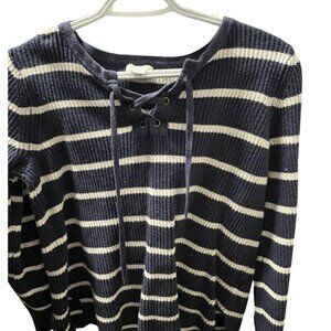 Old Navy White/Navy Striped Knitted Sweater with Lace Up detail